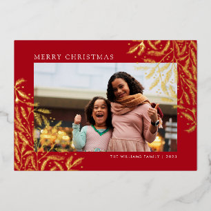 Festiva Con Relieve Metalizado Tarjeta fotográfica de feriado para Navidades rojo