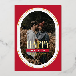 Festiva Con Relieve Metalizado Tarjeta fotográfica de marco Oval rojo Happy Holid