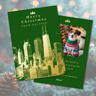 Festiva Con Relieve Metalizado Tarjeta fotográfica Merry Christmas Chicago Green 