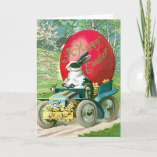 Festiva Conejo de Pascua Antiguo Conduciendo Coche Tarjeta