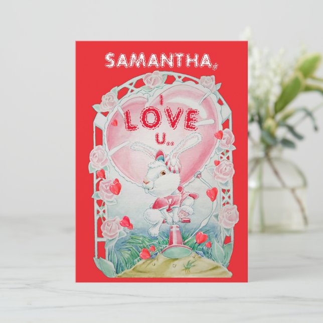 Festiva Conejo de San Valentín Tarjeta de Amor Personaliza (Anverso de pie)