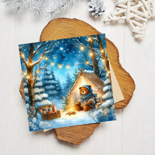 Festiva Cozy Teddy Bear Tarjeta de vacaciones plana de tem