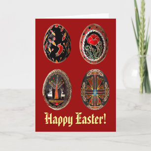 Festiva Cuatro huevos de Pysanka en una tarjeta de pascua