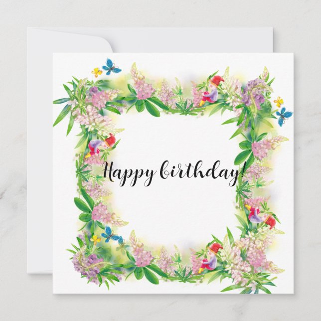 Festiva Cumpleaños! Tarjeta floral con gnom (Anverso)