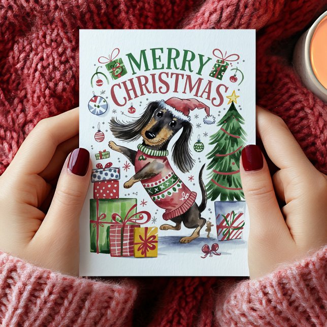 Festiva Cuta acuarela Tarjeta de Navidades Dachshund (Cute Watercolor Dachshund Christmas Card)
