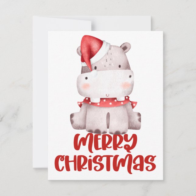 Festiva Cuta acuarela Tarjeta de Navidades Hippo (Anverso)