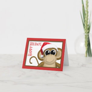 Festiva Cuta tarjeta de mono de Santa Hat "Happy Holidays"