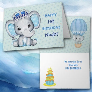 Festiva Cute bebé elefante niño príncipe tarjeta de cumple