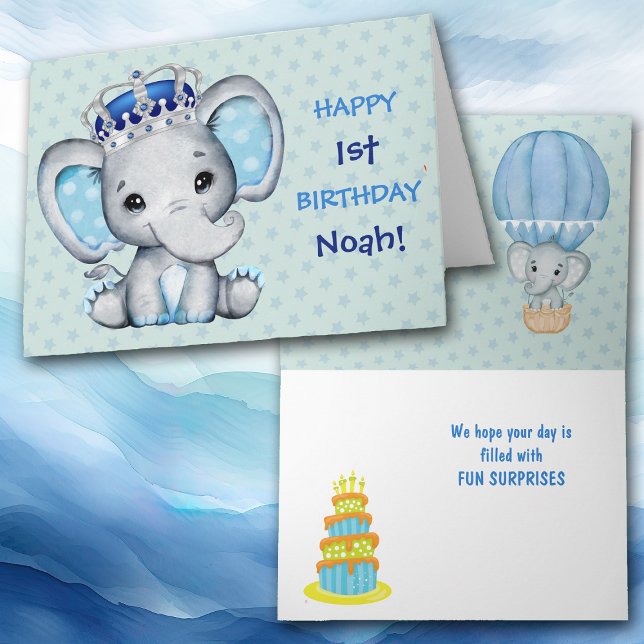 Festiva Cute bebé elefante niño príncipe tarjeta de cumple (Subido por el creador)