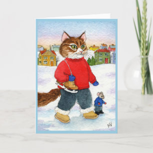 Festiva Cute Cat Mouse Skater Tarjeta de vacaciones de inv