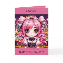 Cute Chibi Chica pelo rosa Tarjeta de cumpleaños