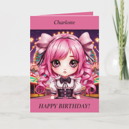Festiva Cute Chibi Chica pelo rosa Tarjeta de cumpleaños