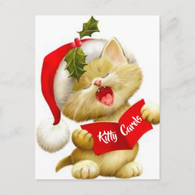 Festiva Cute Kitten canta Navidades carolero postal (Anverso)