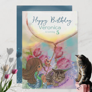 Festiva Cute Kitten Chica tulips Tarjeta de cumpleaños