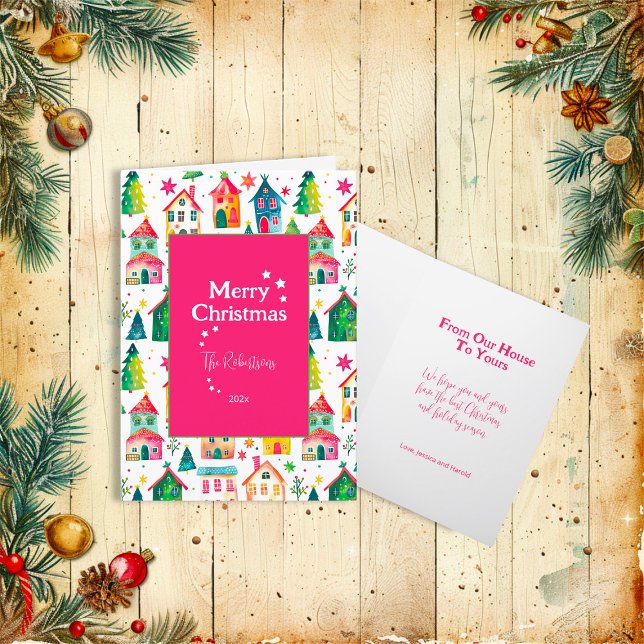 Festiva Cute Navidades Casas Doble Tarjeta de Vacaciones (Cute Christmas Houses "Merry Christmas" Folded Card (magenta))
