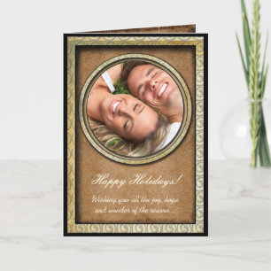 Festiva Damask Happy Holidays Gold Frame Tu tarjeta de fot