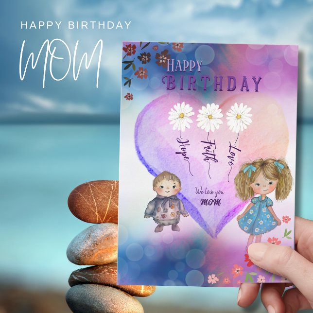 Festiva De la tarjeta especial de cumpleaños a MOM (Cute Kids, Heart & Daisies Mom's Birthday card)