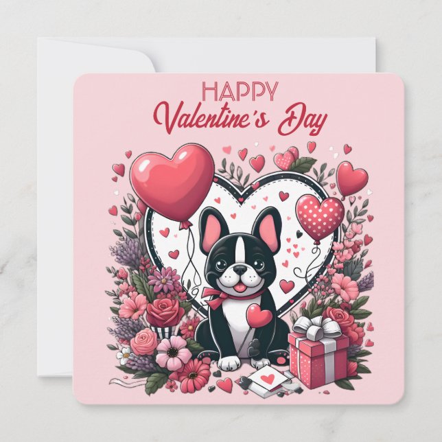 Festiva Día de San Valentín - Bulldog Francés 1 - Tarjeta (Anverso)