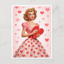 Diseño Retro de Amor con Corazón Rosa Postal