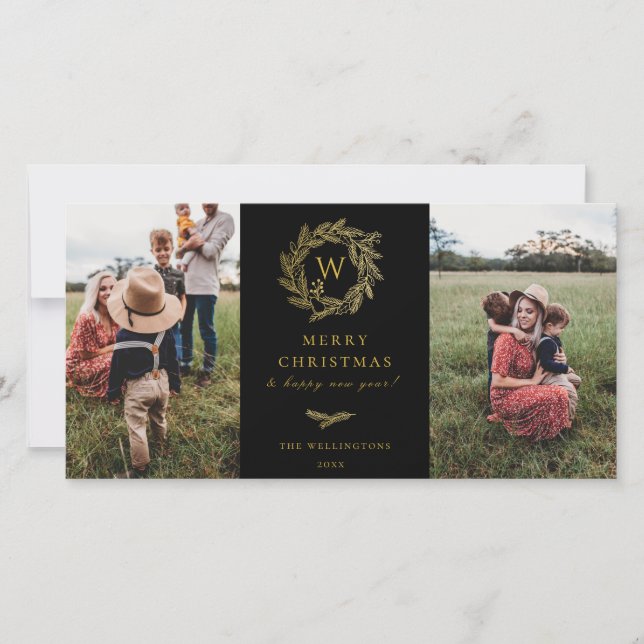 Festiva Dorada Wreath Monograma Holiday 2 tarjeta de foto  (Anverso)