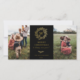 Festiva Dorada Wreath Monograma Holiday 2 tarjeta de foto 