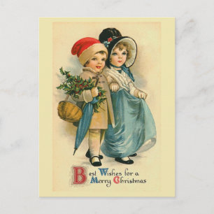 Festiva "Dos dulces niños", postal navideña vintage