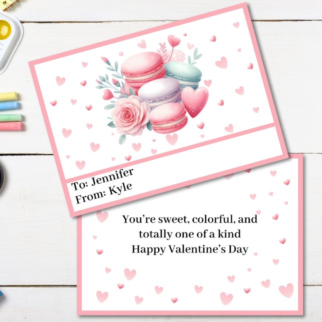 Festiva Dulces Macarrones Rosados y Corazones Tarjeta Esco (Cute Pink Girls Valentines Day Card)