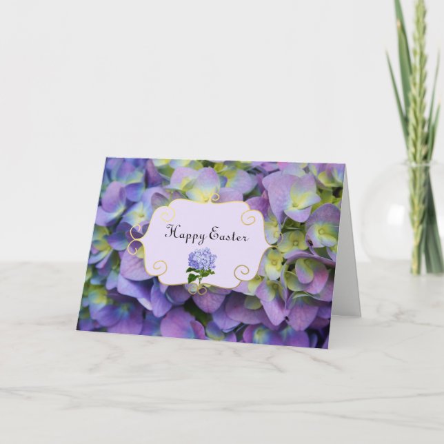 Festiva El Hydrangea púrpura florece la tarjeta de pascua (Anverso)