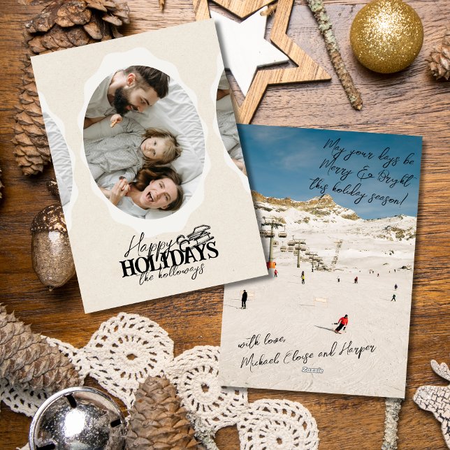 Festiva Elegante Script Oval Photo Flat Tarjeta de vacacio (Celebrate the season with timeless style using this elegant photo holiday card. )