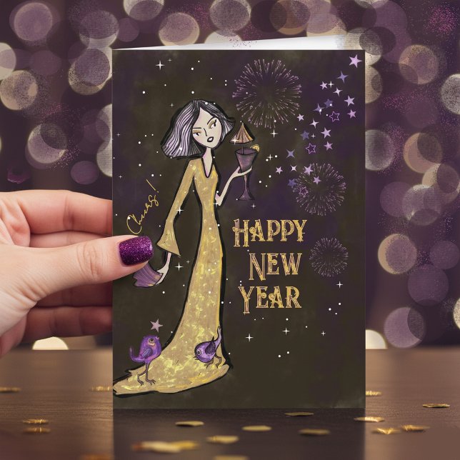 Festiva Elegante Tarjeta de Año Nuevo Dorada y Morada | Co (Elegant Gold & Purple New Year Card | Corporate)