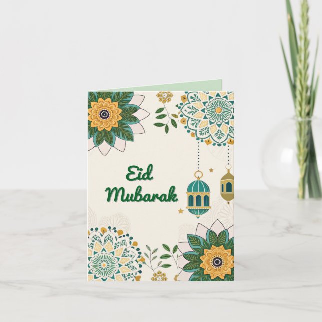 Festiva Elegante tarjeta de Eid Mubarak con faroles y flor (Anverso)