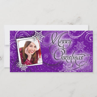 Festiva Elegante tarjeta de foto navideña con brillo púrpu