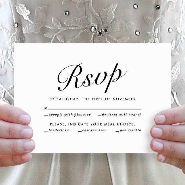 Festiva Elegante Tarjeta de RSVP en Blanco y Negro para El (Elegant Modern Script Black + White Wedding Meal Choice RSVP Card)