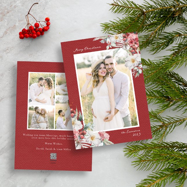 Festiva Elegante tarjeta de vacaciones de Collage de fotos (Red Merry Christmas Photo Collage Holiday Card with Elegant Watercolor Botanical Florals Berries)