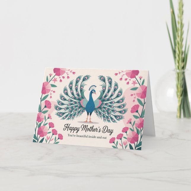 Festiva Elegante Tarjeta del Día de la Madre con Pavo Real (Anverso)