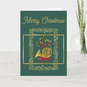 Festiva Elegante Tarjeta Navideña de Cuerno Francés Verde 