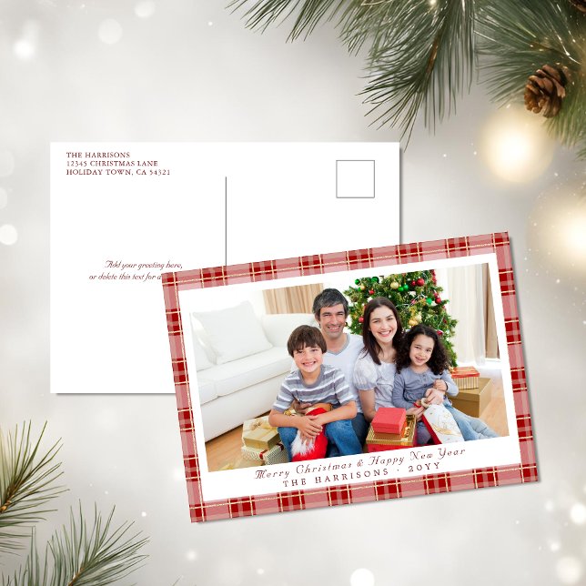 Festiva Elegantes Navidades de la placa roja Foto postal (Elegant Red Plaid Christmas Photo Postcard)