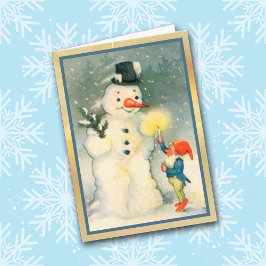 Festiva Elf ilumina la vintage tarjeta navideña de Snowman