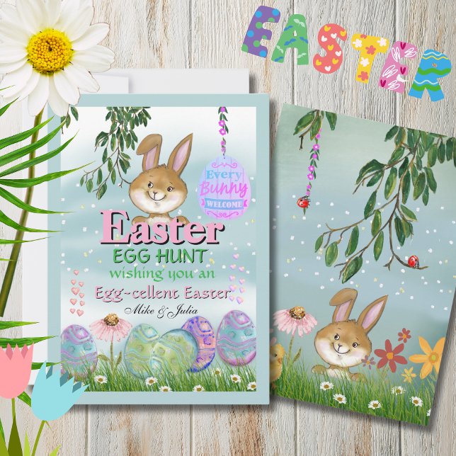 Festiva Encantadora tarjeta de vacaciones acuarela de caza (Charming Easter Egg Hunt Watercolor Holiday Card)