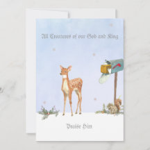 Escena de invierno con tarjeta religiosa de ciervo