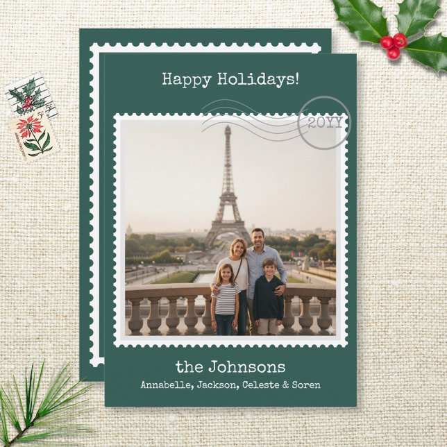 Festiva Estampilla de rehenes, foto de tarjeta de vacacion (Modern nostalgic personalized photo holiday card with postage stamp border and a green background. )