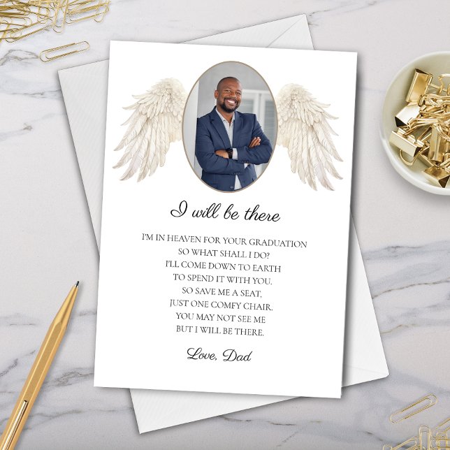 Festiva Estaré allí papá Memorial para la tarjeta de gradu (Card with memorial poem from deceased dad to graduate with photo and angel wings keepsake)