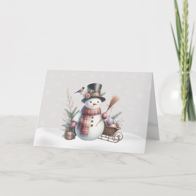 Festiva Fancy Snowman con tarjeta de Navidades de aves (Anverso)