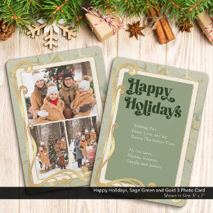 Festiva Felices Fiestas Sage Green y Gold Tarjeta de 3 Fot