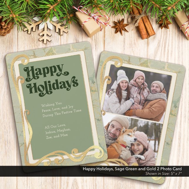 Festiva Felices Fiestas Tarjeta de Foto Sage Green y Gold  (Happy Holidays, Sage Green and Gold Holiday Two (2) Photo Greeting Card)