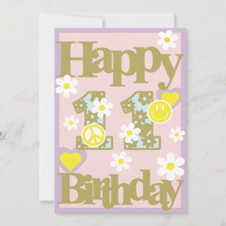 Festiva Feliz 11º cumpleaños - Tarjeta de Chica con flores