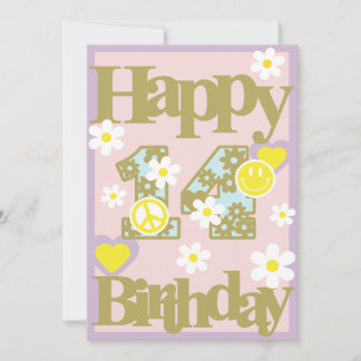 Festiva Feliz 14º cumpleaños - Tarjeta de Chica con flores