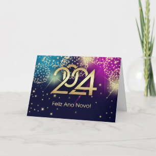 Festiva Feliz Ano Novo 2024. Tarjeta de Año Nuevo en portu