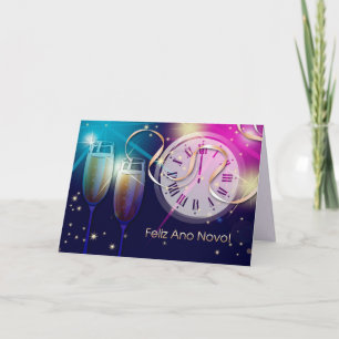 Festiva Feliz Ano Novo. Tarjeta de Año Nuevo en portugués