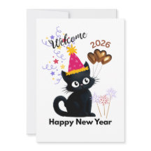 Feliz Año Nuevo 2026 Tarjeta de Gato Negro